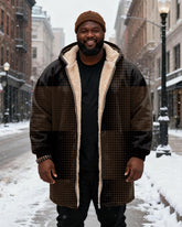 Big & Tall Men's Retro Wave Dot Stitching Printed Velvet Padded Long Hooded Coat